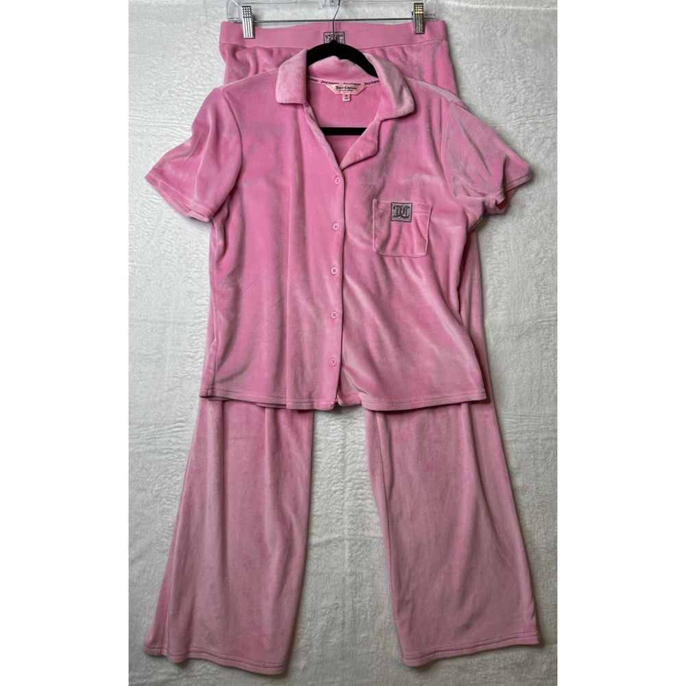 Juicy Couture Pink Velour Pajama Set Short Sleeve Top Wide Leg Pants Medium